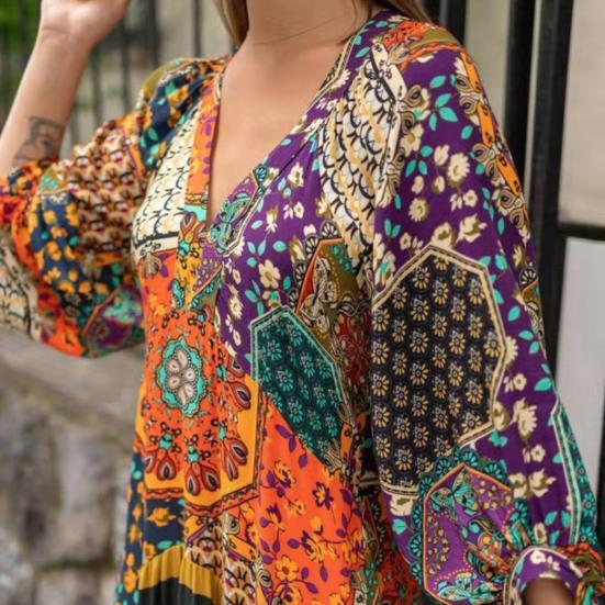 V-Neck Lantern Sleeve Pleated Maxi Dress Retro Ethnic Print Large Hem Beach Long