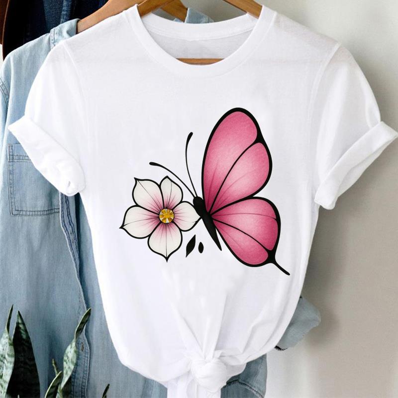 (Asian Size) Butterfly Cute Short Sleeve T-shirts Casual Clothing Printed Female Top T Shirt O-neck Lady Fashion Women Graphic Tee