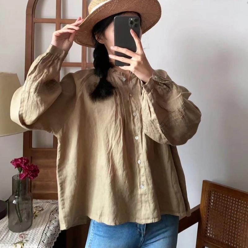 Johnature Bluze de damă cu volane, primăvară, vintage, culoare solidă, plisate, vrac, casual, simple, asortate