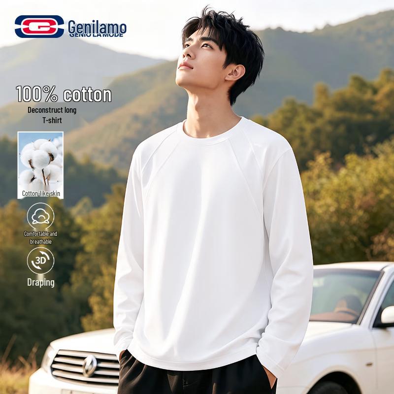 GENIOLAMODE Men's Minimalist Long Sleeve Cotton T-Shirt