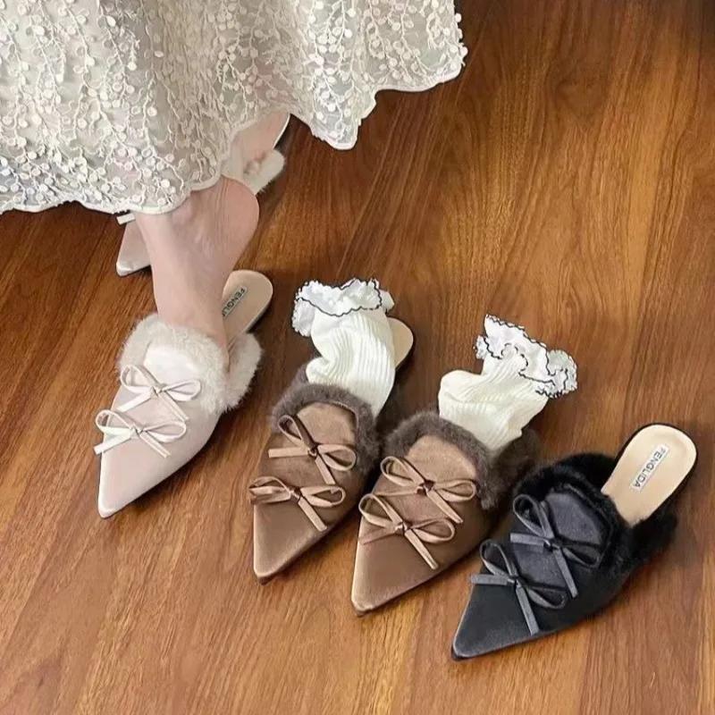 Fashion Bow Suede Women Flats Fur Slipper Pointed Toe Mules Shoes Winter New 2025 Trend Sexy Elegant Flip Flops Dress Slingback Zapatos
