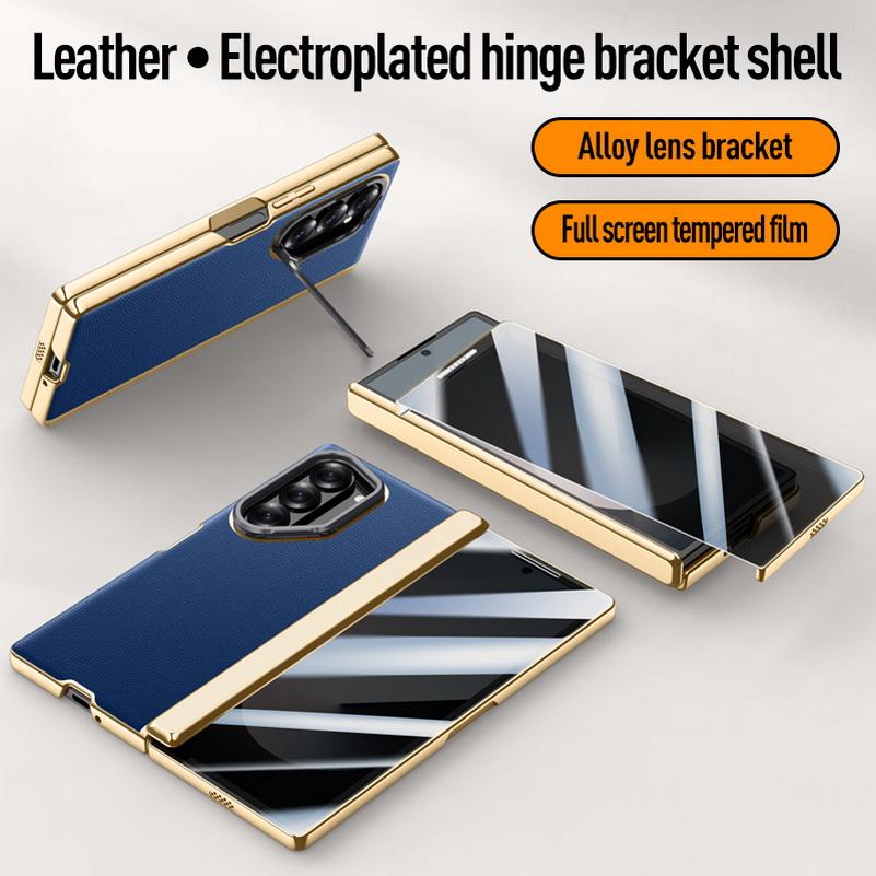 Galvanisierte Federgelenk-Schutzhülle aus echtem Leder und gehärtetem Glas für Samsung Z Fold 6 Galaxy Z Fold6 Rundumschutzhülle