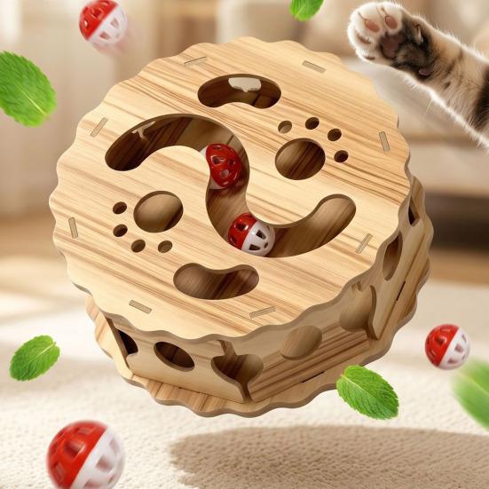 Indoor Cat Puzzle Track Interactive Toy with Rolling Balls, Durable Density Board Scratching Pet Games Toy, Anxiety Relief Wooden Maze for