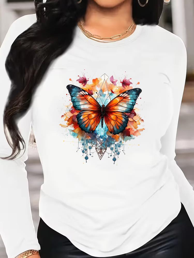 (Asian Size) Tee O-neck Print Autumn Winter Spring Women Clothing 90s Butterfly Trend Casual Long Sleeve T Shirt Fashion Top Graphic T-shirts