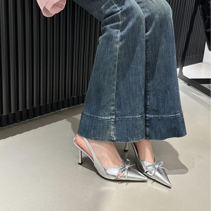 2025 spring and autumn new French light mouth stiletto one-word high heels women's patent leather pointed bow sandals women