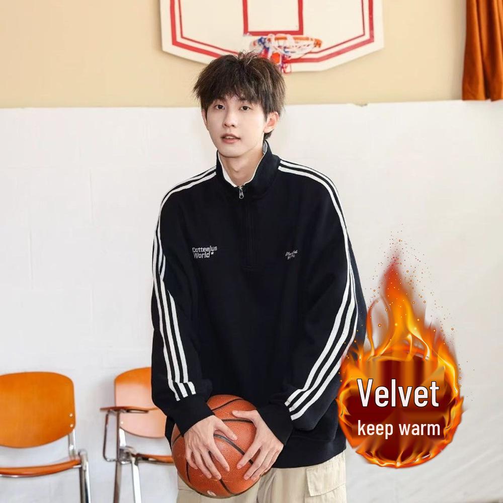 Men's Striped Heavyweight Half-Zip Hoodie, Loose Fit with Letter Embroidery and Stand-Up Collar - Versatile Autumn/Winter Sportswear Jacket