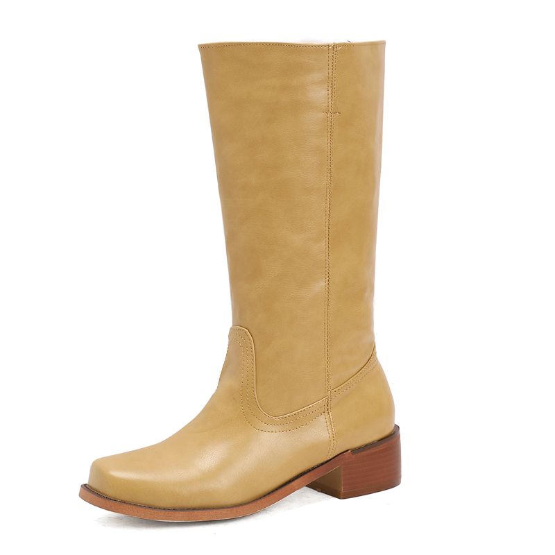 2025 Vintage Western Boots for Women Square Toe Block Heels 4.5cm Slip on Plus Size 47 48 Leisure Daily Mid Calf Bota