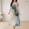 Women Plus Size Round Neck Triple Keyhole Cutout Sleeveless Abstract Printed Long Dress