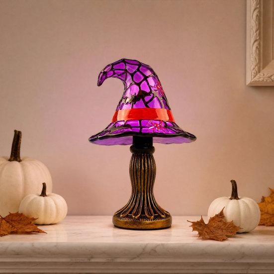 Halloweenový čarodějnický klobouk Stolní lampa, USB vitrážová čarodějnická klobouková lampa, Vintage gotický kouzelnický klobouk Dekorativní noční světlo pro domov, ložnici