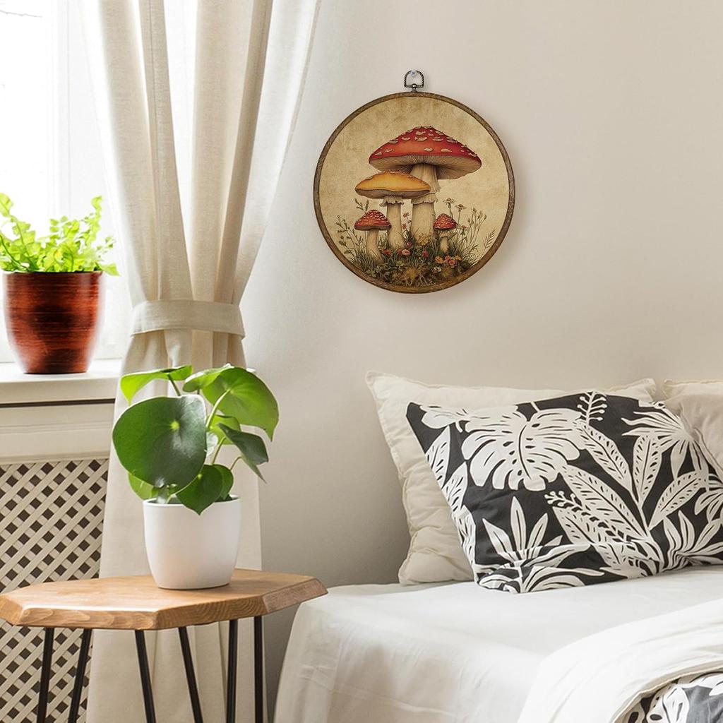Qskjre Vintage Mushroom Wall Art Decor, Cottagecore Rustic Mushroom Floral Round Wood Framed Canvas Picture Wall Art, Fall Botanical Hanging Prints