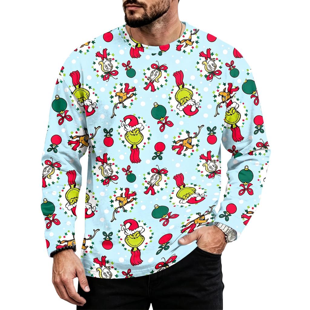 Men's Casual Loose Fit Long Sleeve Neck Tee with Christmas Print for Fall Winter