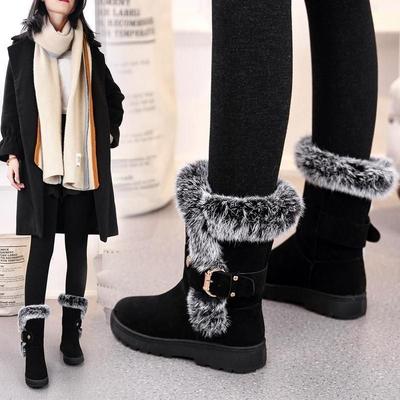 Winter Women Boots Casual Warm Fur Mid-Calf Boots Slip-On Round Toe Wedges Snow Boots Comfortable