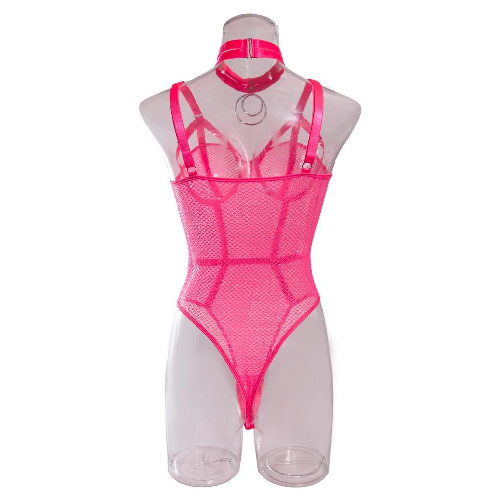Sexy durchsichtiger Camisole-Body mit Mesh-Einsätzen, Bügel und Choker