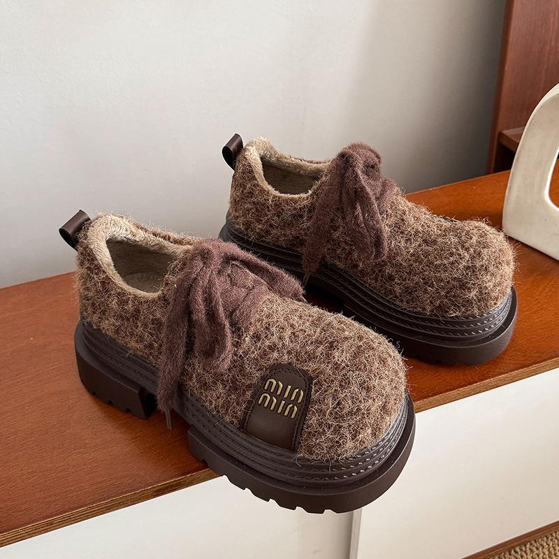 [Fanfna] European big head lace-up muffin platform loafers women's versatile small height-increasing fluffy women's shoes