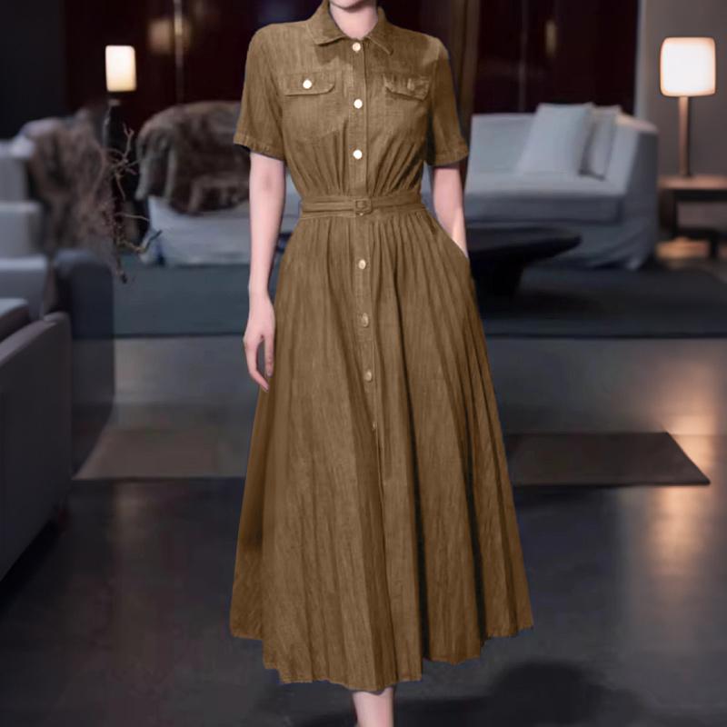 

ZANZEA Women Turn Down Collar Summer Casual Short Sleeve Long Dress 5XL хаки