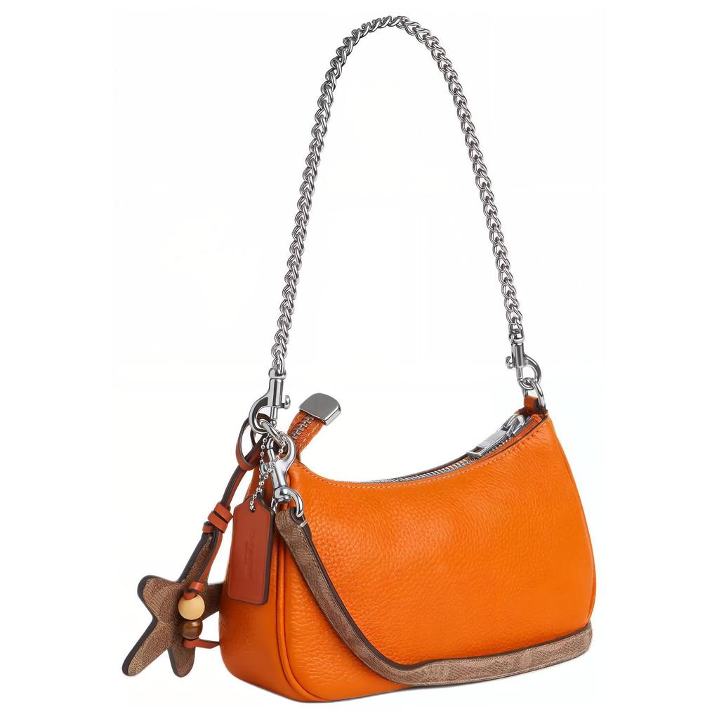Coach Teri Shoulder Bag with Starfish Charm, Bright Orange Pebbled Leather Signature Canvas Trim Silver Hardware, Women's Daily Travel CBG79-SVY2H