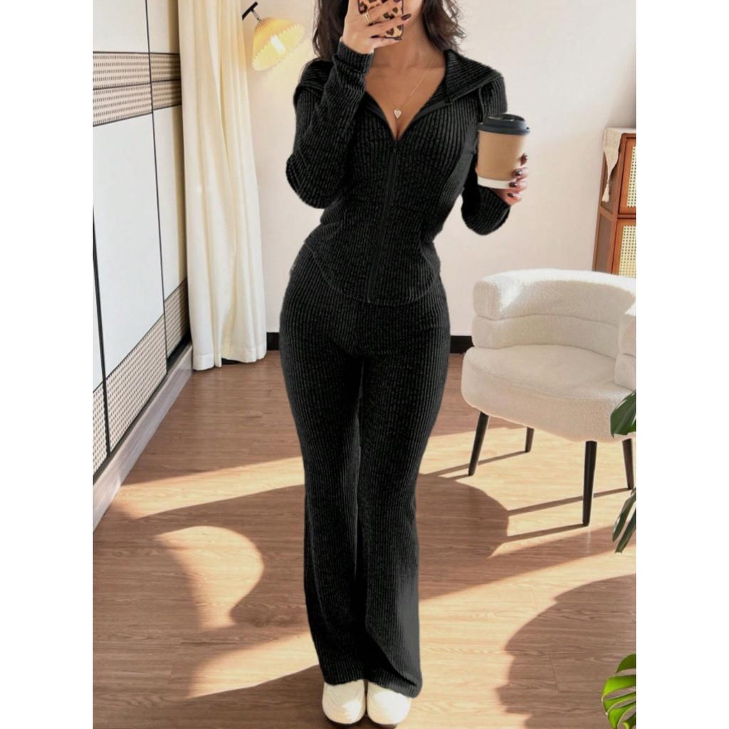 Damen Slim Fit Langarm Rippstrick Reißverschluss Oberteil und Schlaghose Zweiteiliger Trainingsanzug