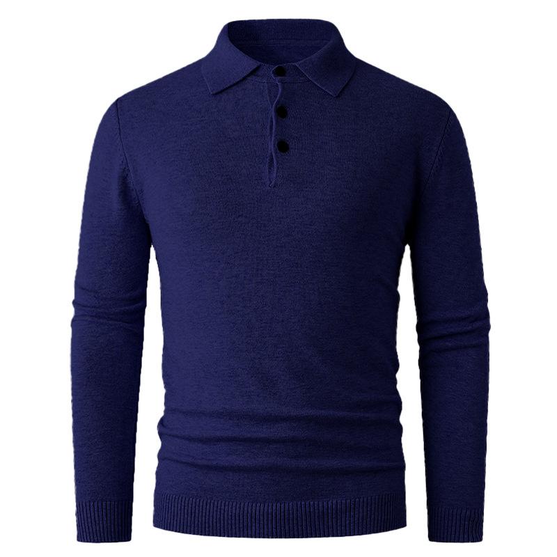 

Autumn And Winter Men S Knitted Polo Shirt Simple Solid Color Lapel Casual Long-Sleeved T-Shirt Backing Sweater Knitted Sweater M тёмно-синий