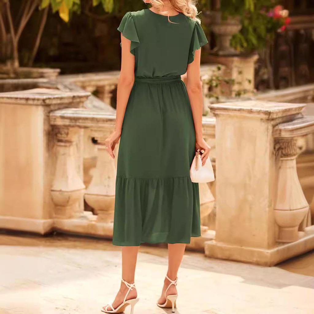 2024 Women's Summer Short-Sleeve Elastic Waist Chiffon Dress