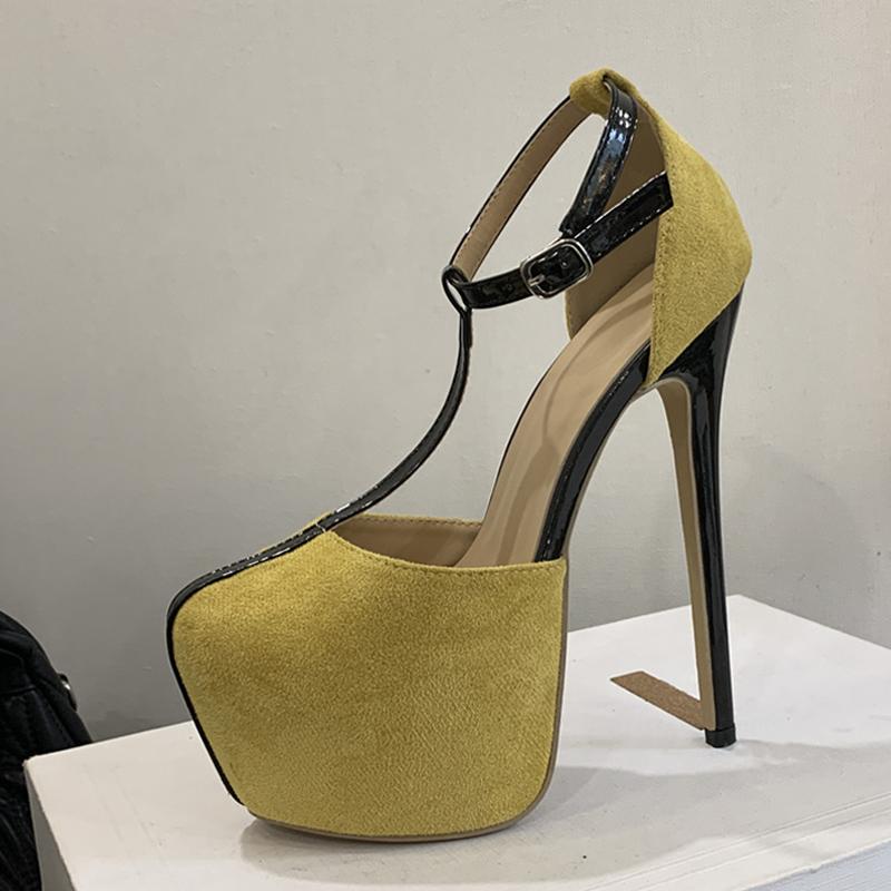 

Показ модели Экстремально высокие каблуки для дам Туфли для банкетной вечеринки Модные туфли-лодочки на платформе с ремешком и пряжкой с круглым носком Женские шпильки 35 жёлтый