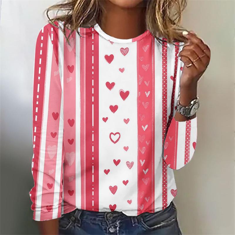Spring and Autumn Round Neck 3D Love Heart Graphic Printed Top Fashionable Elegant Casual Long Sleeved Women's T-shirts