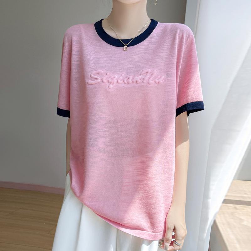 Sommerlicher Strickpullover mit Rundhalsausschnitt, Kurzarm-T-Shirt, Damen, Farbblockdesign, dreidimensionale Buchstaben, dünner Stil