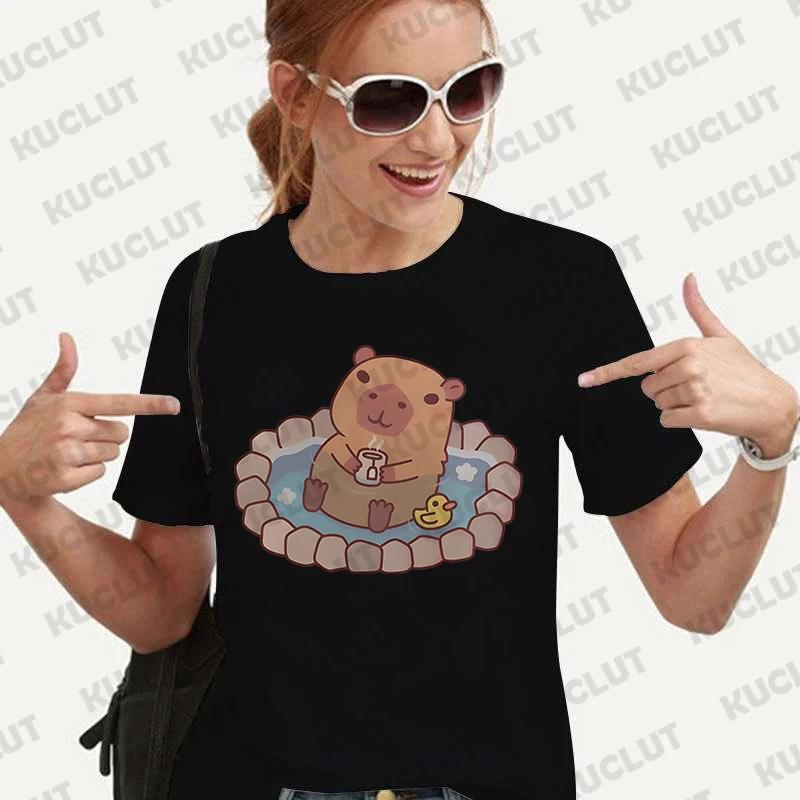 Woman Clothing Japanese Style Cute Capybara Print Tees Shirt Fashion Female Clothes T-Shirts Funny Animal Graphic Y2k Tops