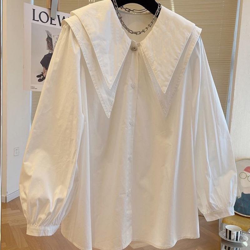 Luxe Loose-Fit Autumn Tops: Multi-Button French Doll Collar Shirt with Long Sleeves