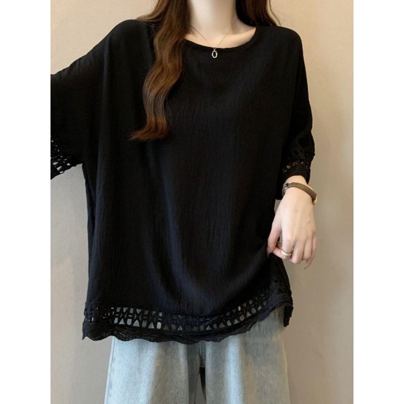Women White Lace Trim Round Neck Batwing Sleeve Loose T Shirt