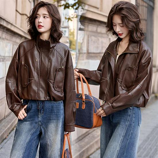 Jaqueta de Pele de Ovelha Inteligente Slimming com Gola Alta - Moda Outono/Inverno 2025 Roupa Exterior de Couro