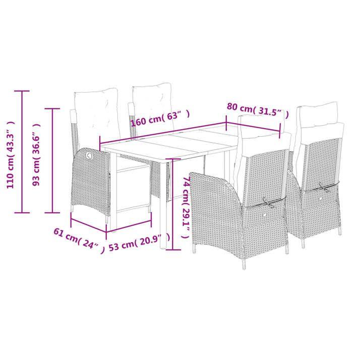 VidaXL 5-Piece Garden Dining Set with Cushions, Table and Chairs with Adjustable Backrest and Footrest, Furniture 3213444