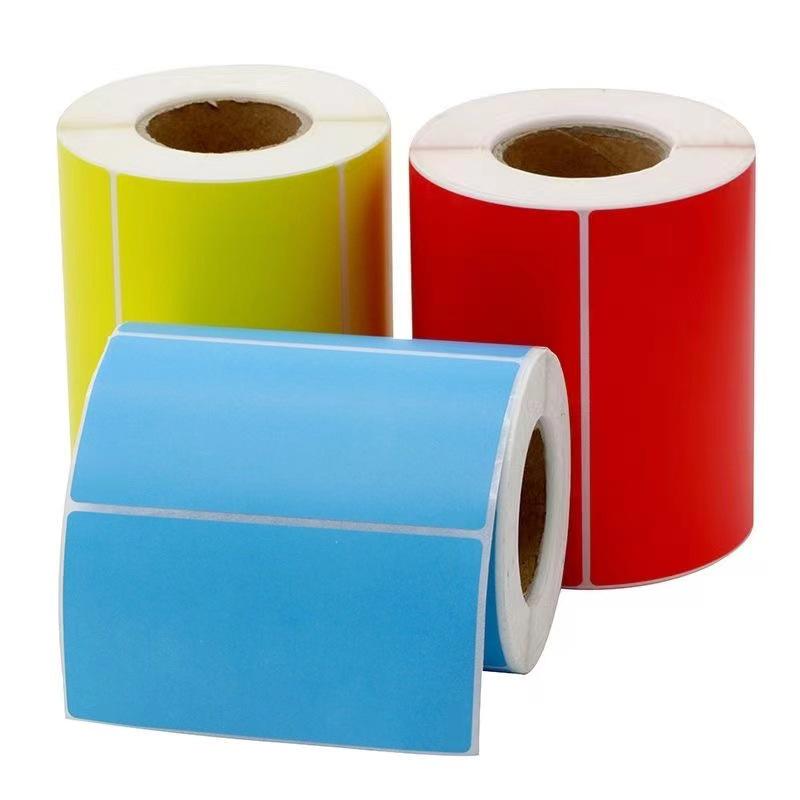 Hârtie termică impermeabilă tricolor: 60*40, 30*80, 100*100, 150mm Autocolante cu coduri de bare în galben, roșu, albastru pentru supermarketuri.