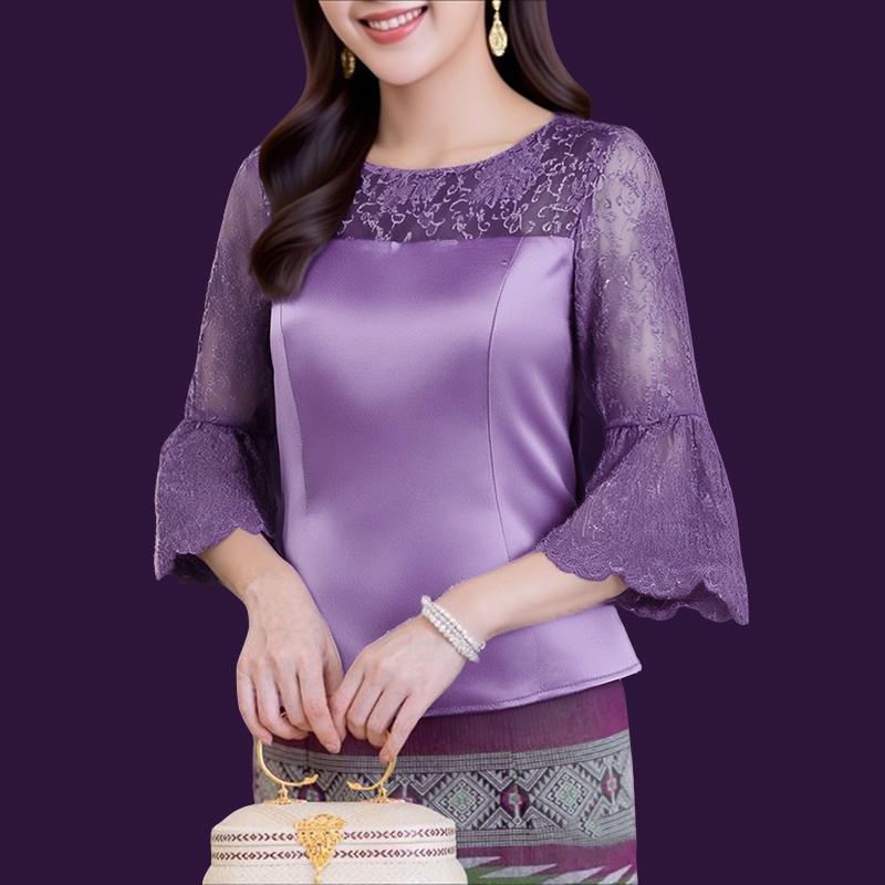 

ZANZEA Women Casual Lace Splice 3/4 Sleeve Elegant Satin Blouse S