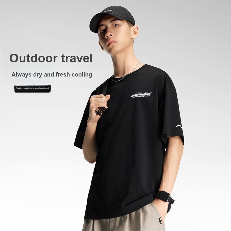Li-Ning Outdoor Quick-Dry Cool Ice Feel Comfortable Loose Round Neck Short Sleeve T-Shirt Unisex Tops Black ATSW045-2