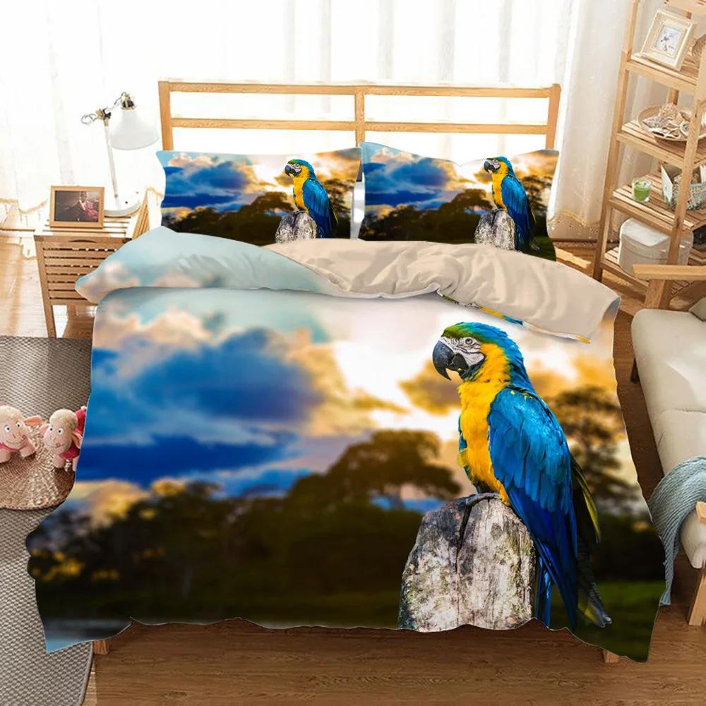 Macaw Bedding Set King/Queen Size Colourful Parrot Duvet Cover Boys Natural Tropical Green Plant Bird Polyester Quilt Cover