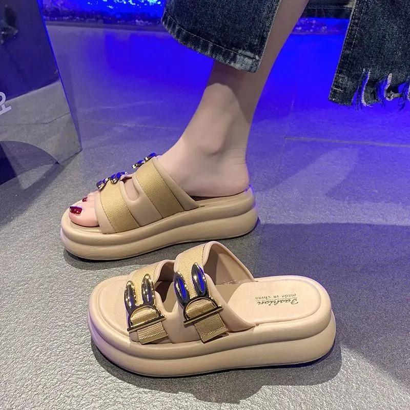 Women's Gold Thick Bottom Wedge Sandals Summer Peep Toe Chunky Platform Sandals Woman Ankle Buckle Anti Slip Beach Shoes