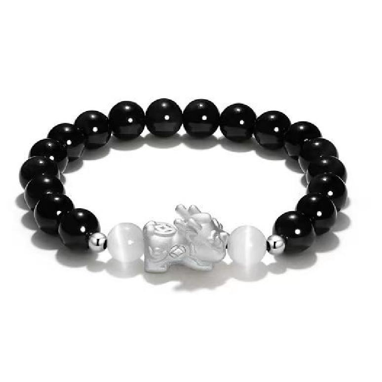

Cat s Eye Stone Alloy Small Pixiu Bracelet for Women, Unique Design Pixiu Beaded Bracelet, Gift for Girlfriends Obsidian Pixiu Figurine