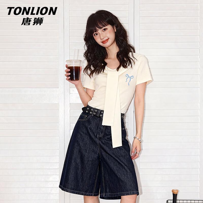 TonLion Women s V-Neck Bowknot Print Short Sleeve T-Shirt XL