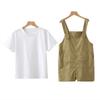 2 Pcs/set Children  Suit Cotton Solid Color Short-sleeve Top + Bib Pants Suit For 7-12 Years Old