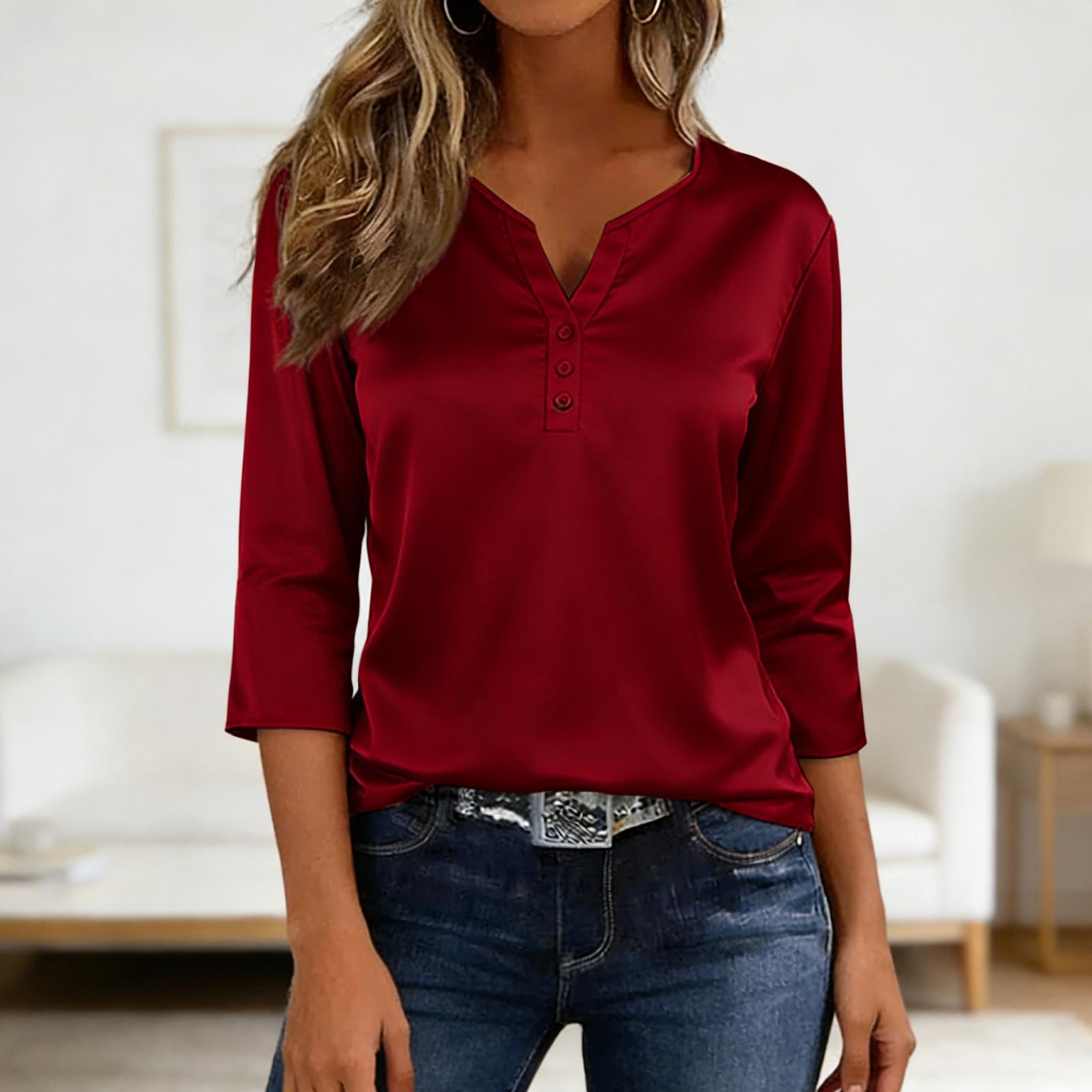 

Women s Casual V-neck Loose 3/4-sleeve -color Top XL винний