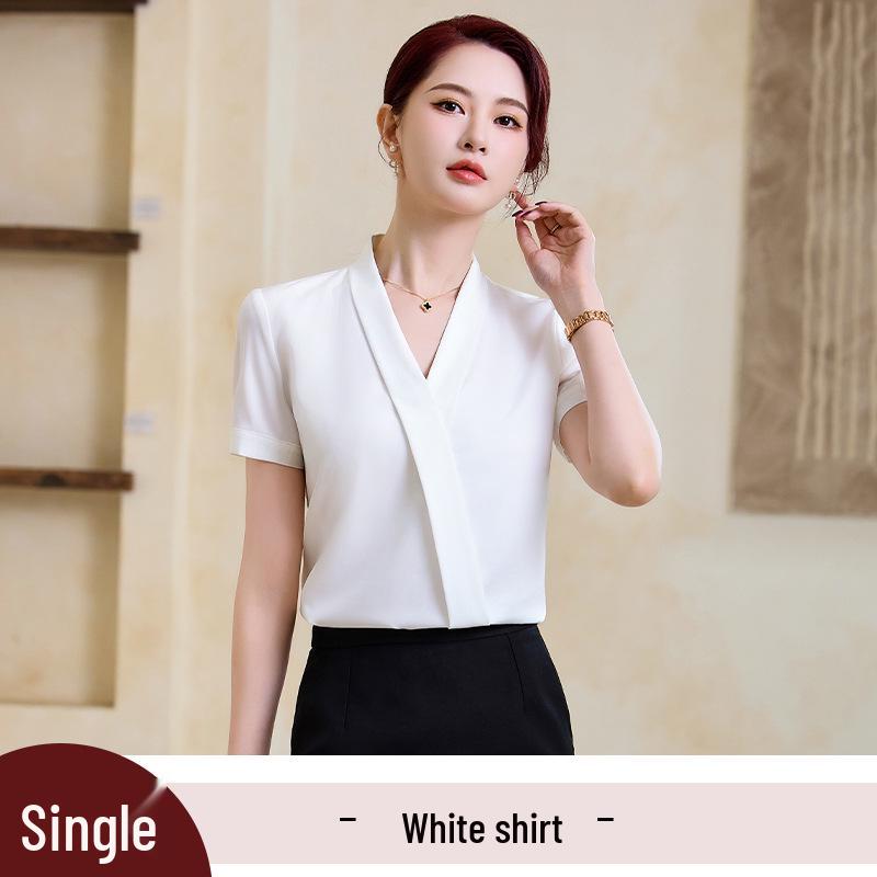 

Женская блузка с V-образным вырезом и коротким рукавом синего цвета - Летняя профессиональная одежда 2025 3X-Large