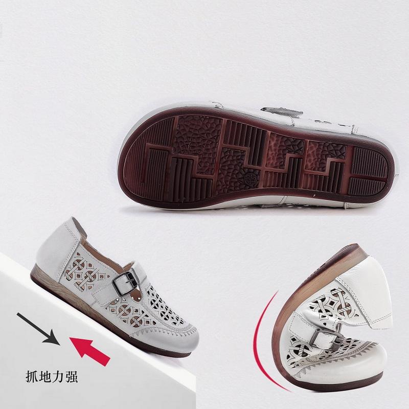 Vintage Exquisite Buckle Flats Women Genuine Leather Handmade Hollow Out Breathable Non Slip Moccasinsladies Summer Dressy Shoes