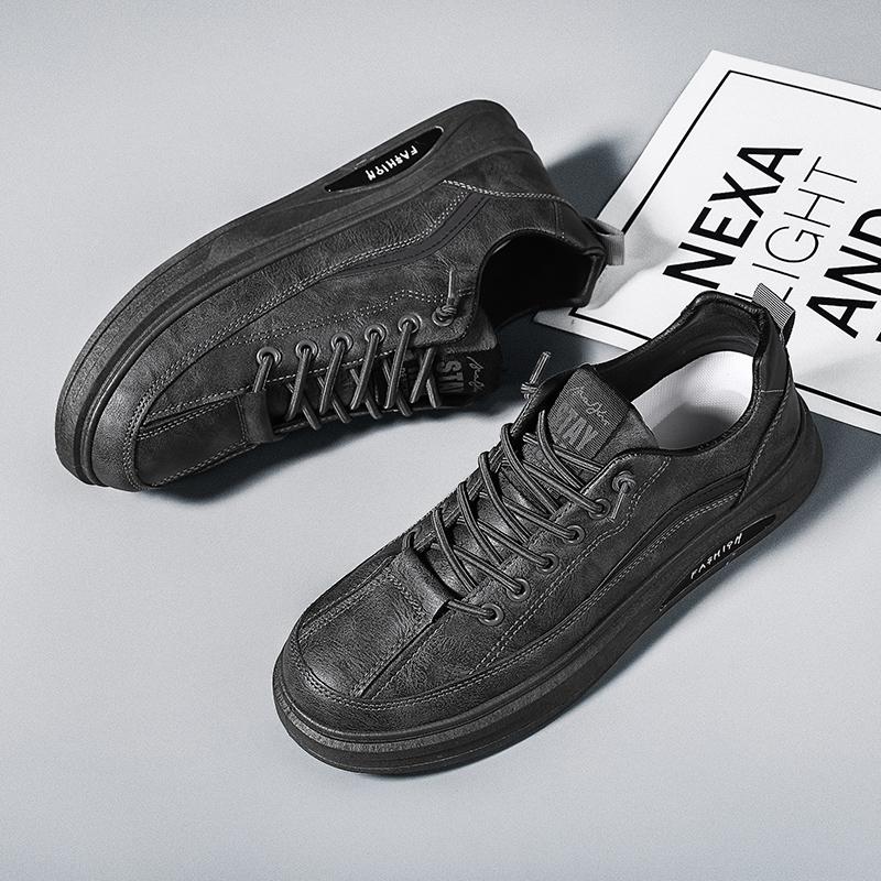 Spring Men's Shoe Brand New Breathable Trendy Black Versatile Leather Shoes Non Slip Platform Strap Casual Business Board Shoes