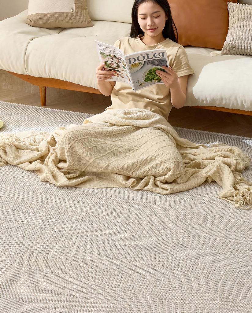VK Living Rug Carpet, 190x190cm (2 Tatami Mats), Herringbone Pattern, Solid Color, All-Season, Stylish, Skin-Friendly, Scandinavian Style, Compatible
