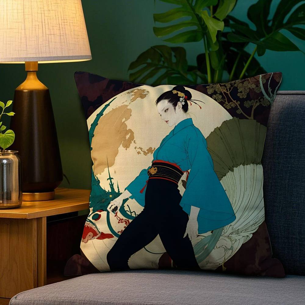 

Painting art Ukiyoe Japanese Pillow Case Anti-dustmite Pillowcase Invisible zipper silky short plush Sofa cushion cover 12x12Inch