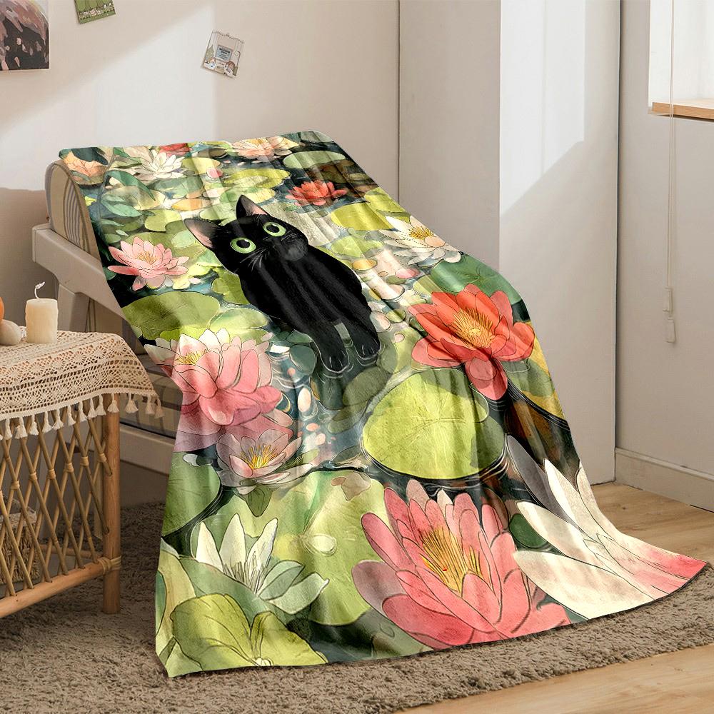 1Pc Black Cat Amid Waterlilies Print Blanket Warm Soft Fluffy Kids And Adult Sofa Bed Throw Blanket Outdoor Travel Camping Rv