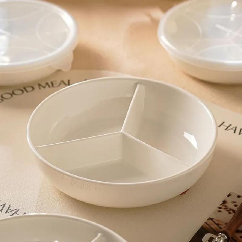 3 Compartments Grid-Shaped Dinner Plate Round Plastic Snack Serving Platter Durable Large Capacity Divided Food Tray Rice Cooker