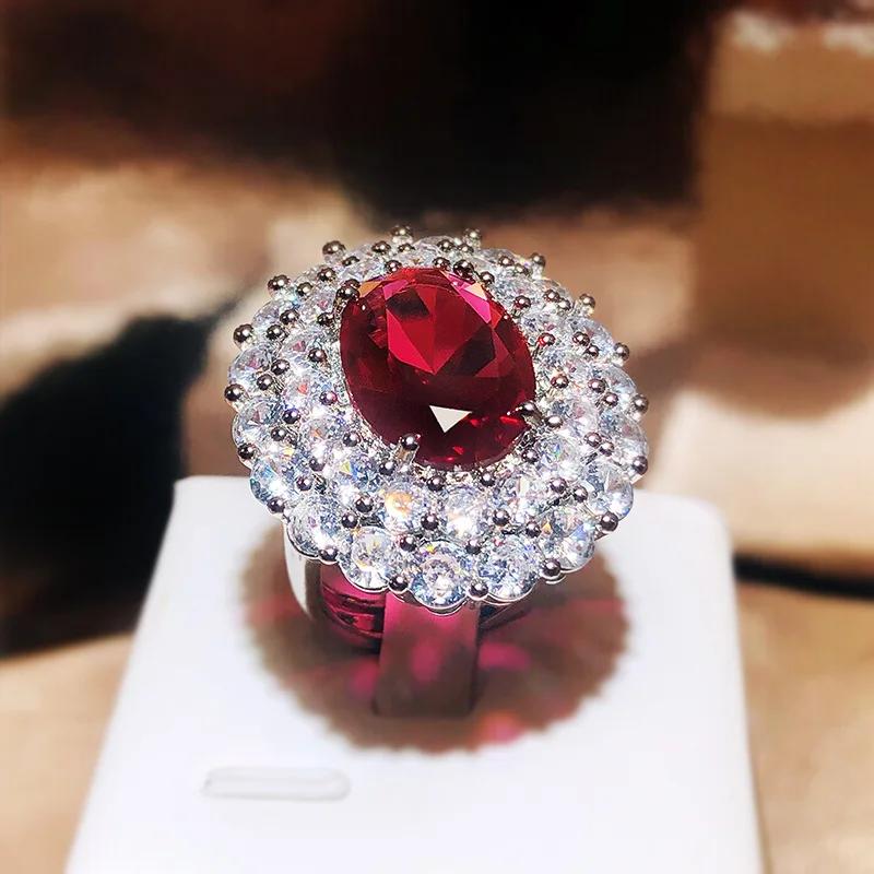 

Delicate Sterling Silver Women s Large Round Red Ruby Zircon Ring Ladies Girls Wedding Party Anniversary Wholesale resizable срібний