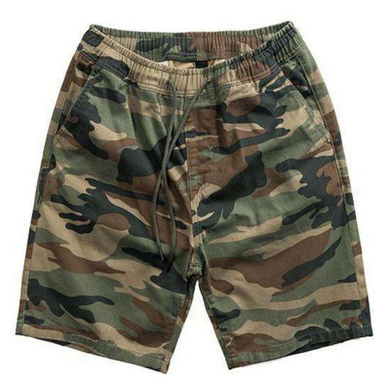 Shawn Yue Men's Loose Straight Camo Cotton Shorts - Elastic Waist, Casual Retro Design.