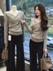 Korean V-Neck Long Sleeve Slimming T-Shirt for Women - Spring, Autumn, Winter